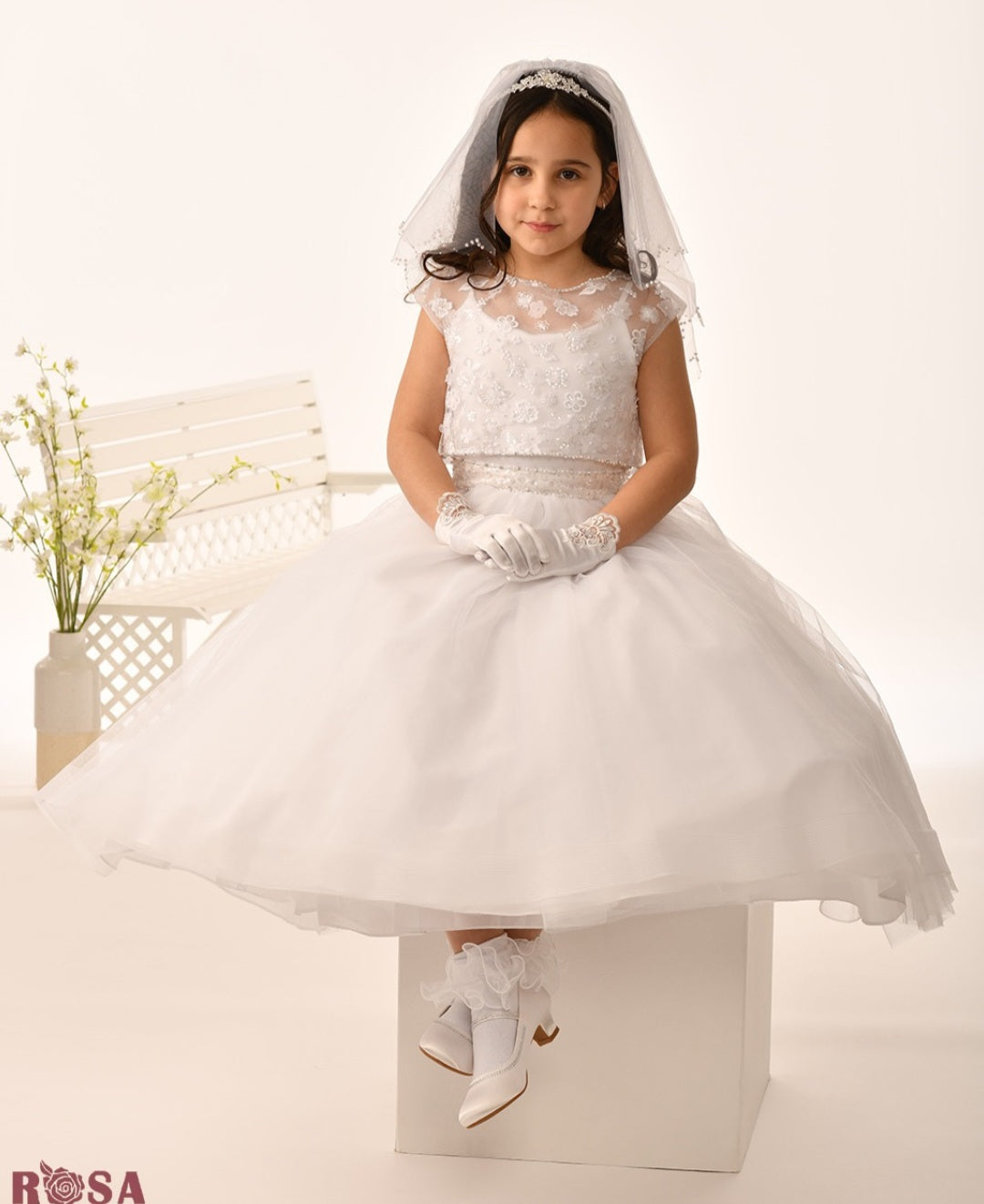 Rosa Bella By Sweetie Pie Girls White Communion Dress:- RB679