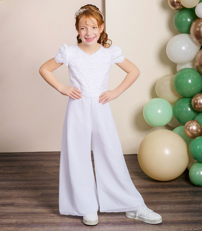 SALE COMMUNION DRESS Emmerling Girls White Communion Jumpsuit:- Keke Age 8 Ballet Length