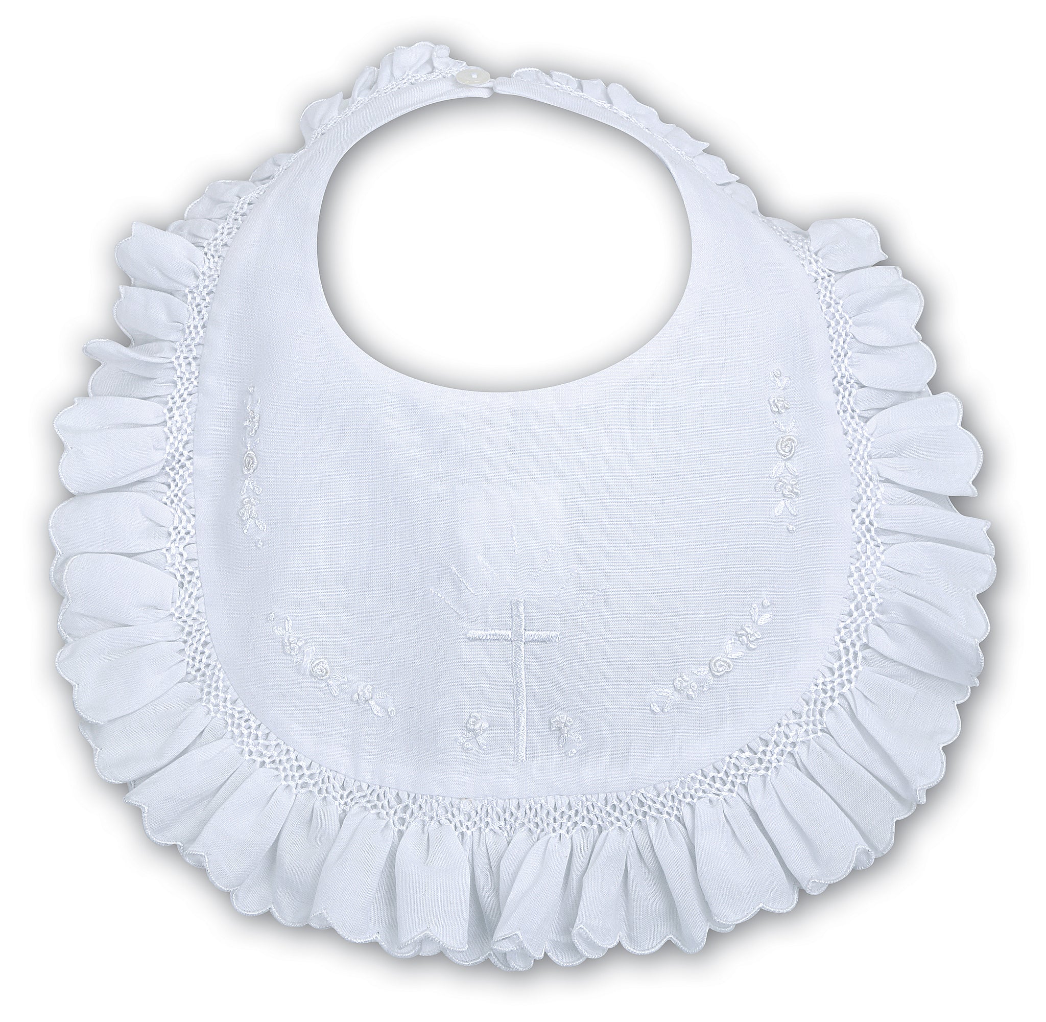 Sarah Louise Christening Bib With Cross- White