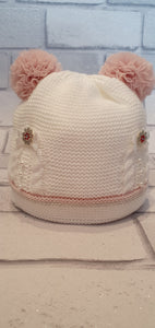 SALE White and Pink Pom Pom Hat