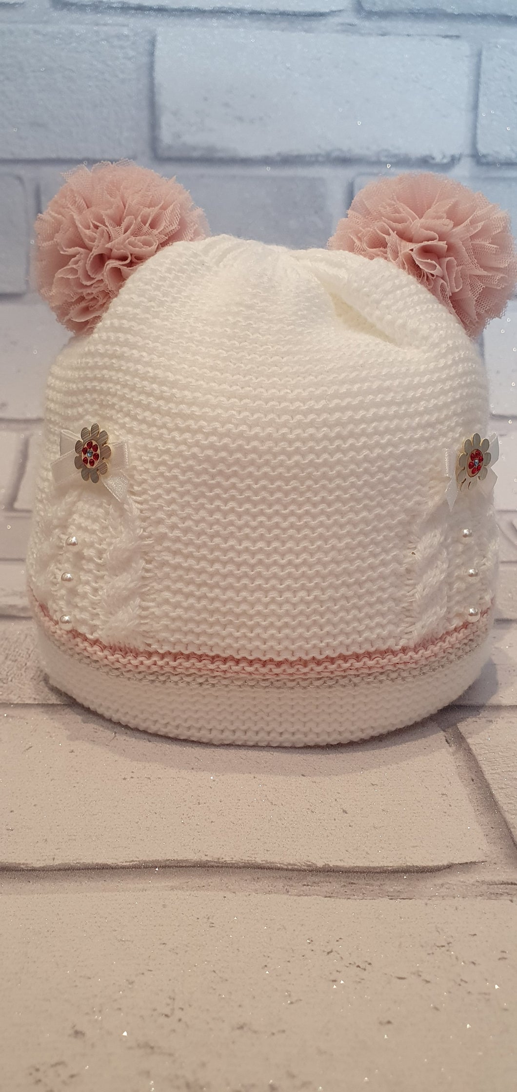 SALE White and Pink Pom Pom Hat