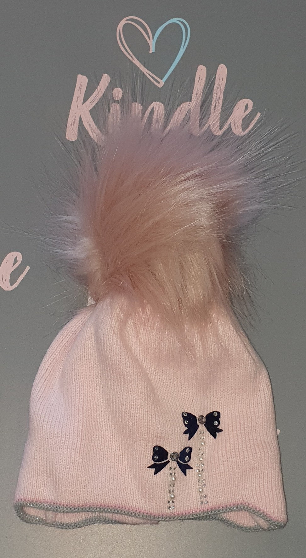 SALE Baby Girls Pale Pink Pom Pom Hat With Navy Bows
