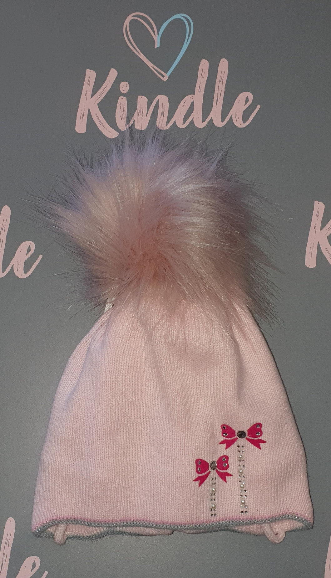SALE Baby Girls Pale Pink Pom Pom Hat With Pink Bows