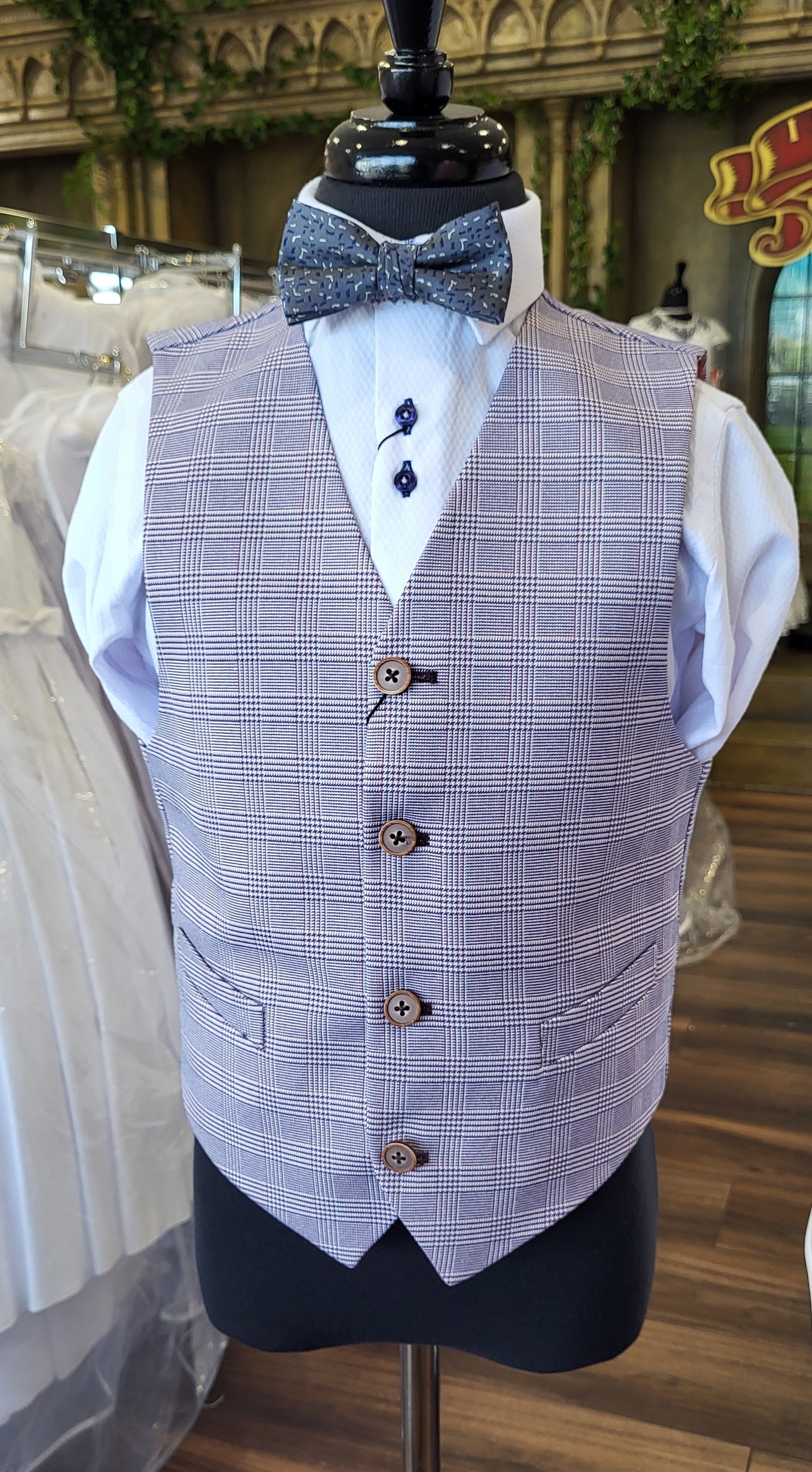 SALE 1880 Club Boys Lilac Check Waistcoat:- 132 55146 63 AGE 6 & 12