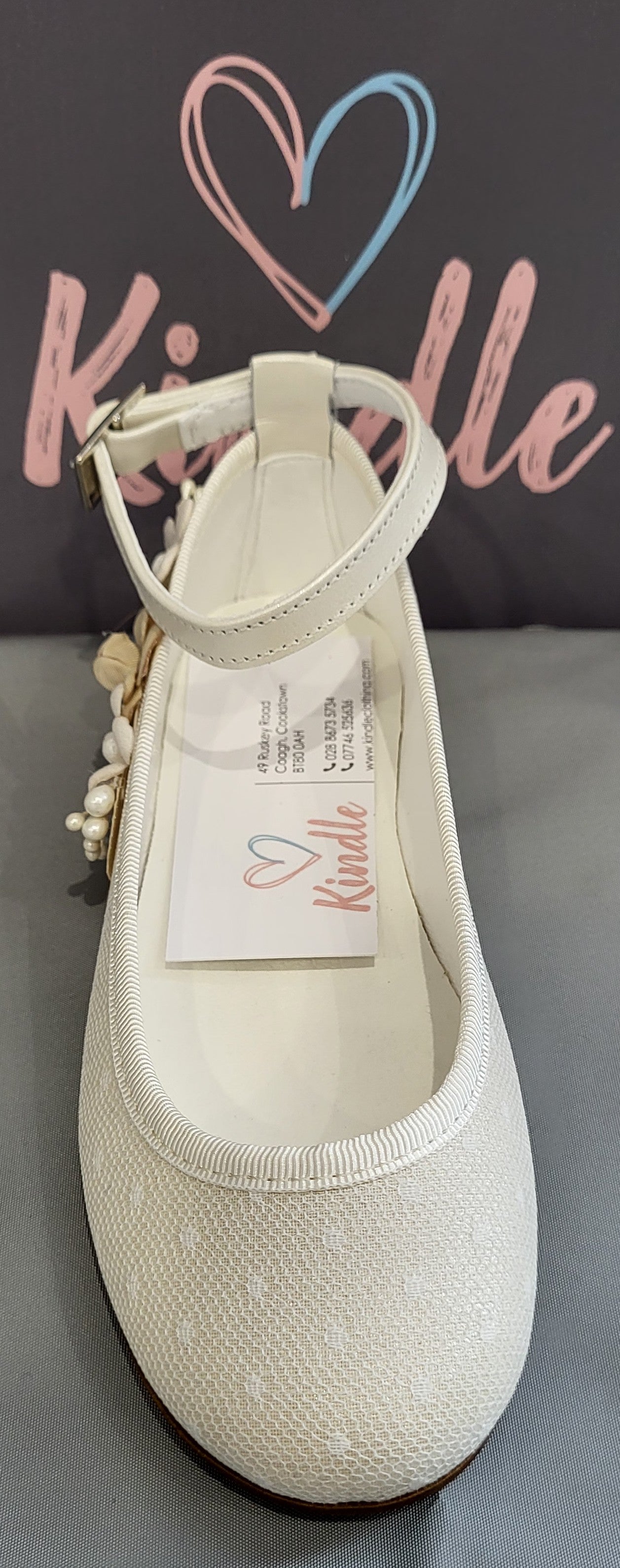 KINDLE Girls Communion Shoes:- Ivory Polka Dot Pump With Ankle Strap
