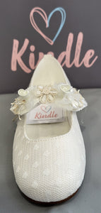 KINDLE Girls Communion Shoes:- White Polka Dot Pumps With Floral Strap