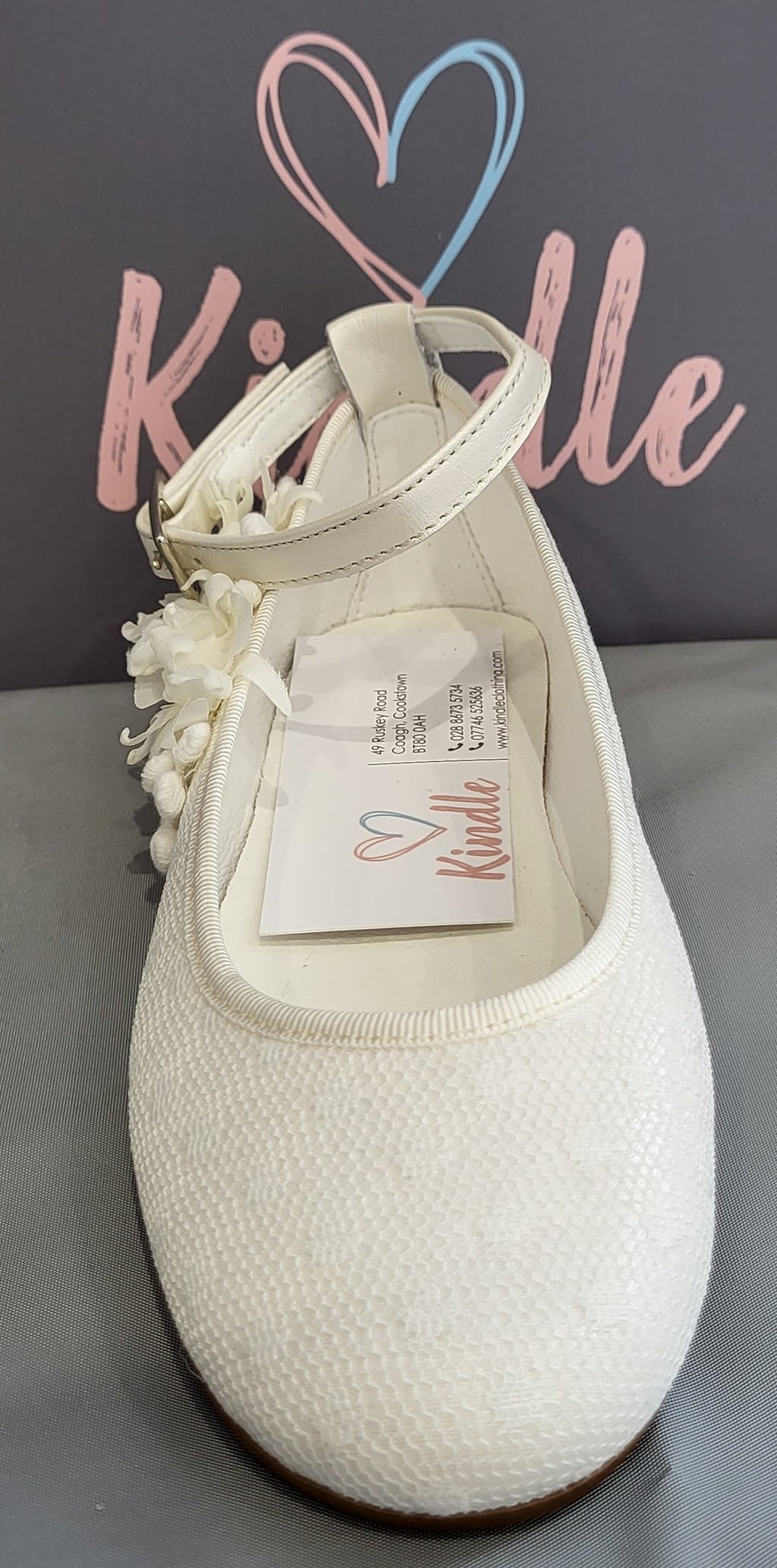 KINDLE Girls Communion Shoes:- White Polka Dot Pump With Ankle Strap