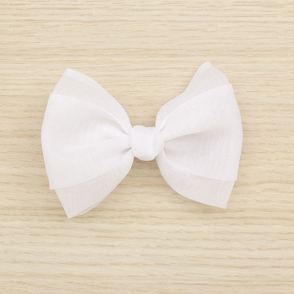 KINDLE Organza Triple Hair Bow With Duckbill Clip:- White