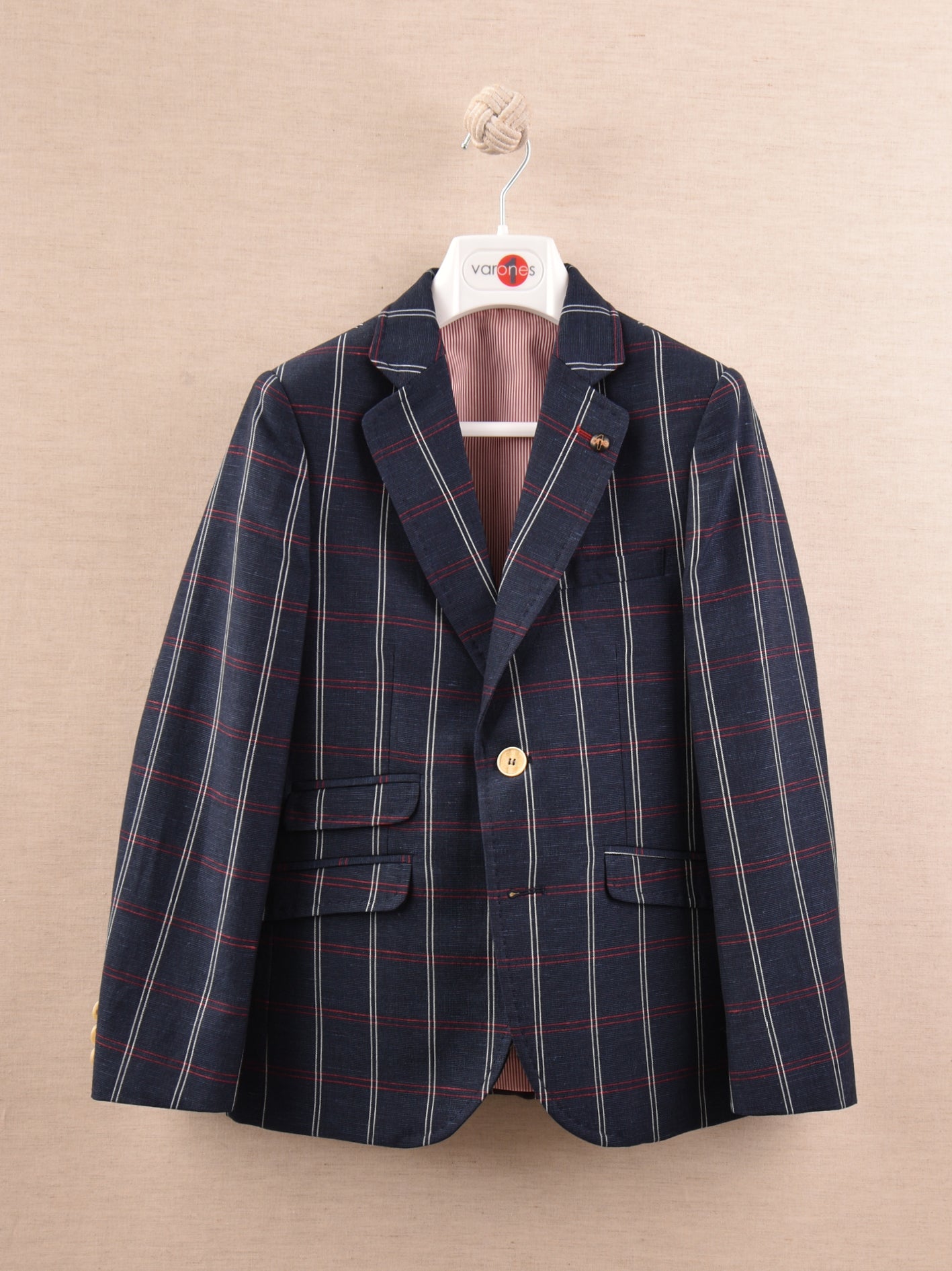 SALE One Varones Navy Blazer With Red & White Check:- 10-04074 7940 Age 6 & 7