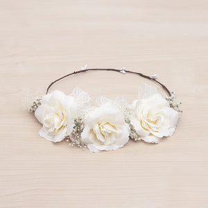 KINDLE Floral Hair Wreath With Camelia Flowers & Laces:- White/Ivory