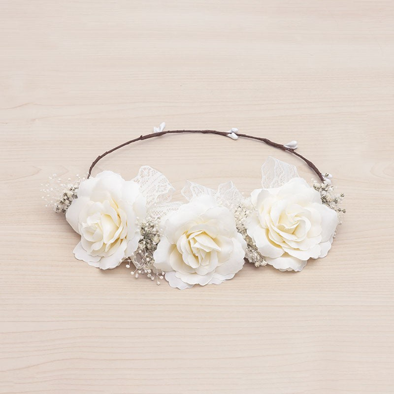 KINDLE Floral Hair Wreath With Camelia Flowers & Laces:- White/Ivory