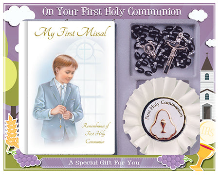 First Holy Communion Boys Prayer Book, Rosary & Rosette  Gift Set