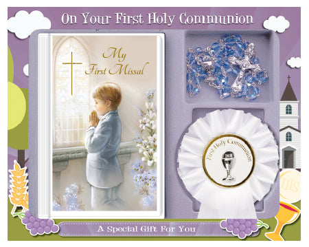 First Holy Communion Boys Prayer Book, Rosary & Rosette Gift Set