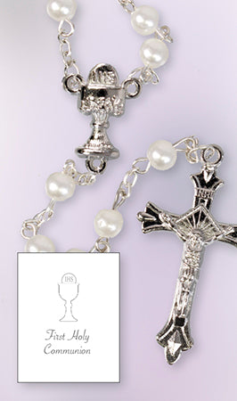 White Pearlised First Holy Communion Rosary Beads