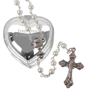 Girls First Holy Communion Rosary Beads In Heart Gift Box White