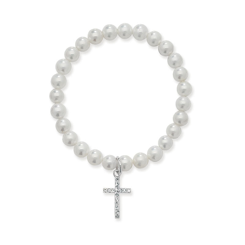 KINDLE Girls Holy Communion Stretchy Pearl Bracelet:- Cross Charm HSBR168B