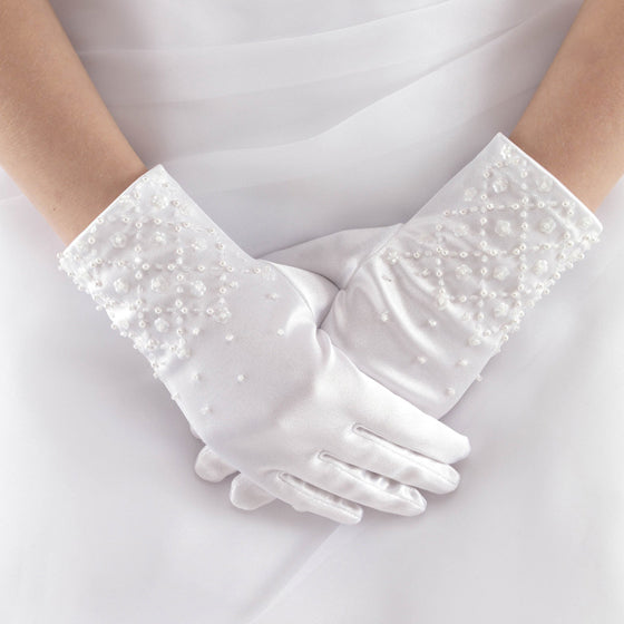 SALE COMMUNION GLOVES Linzi Jay Crystal Pattern Satin Gloves:- LG43WT