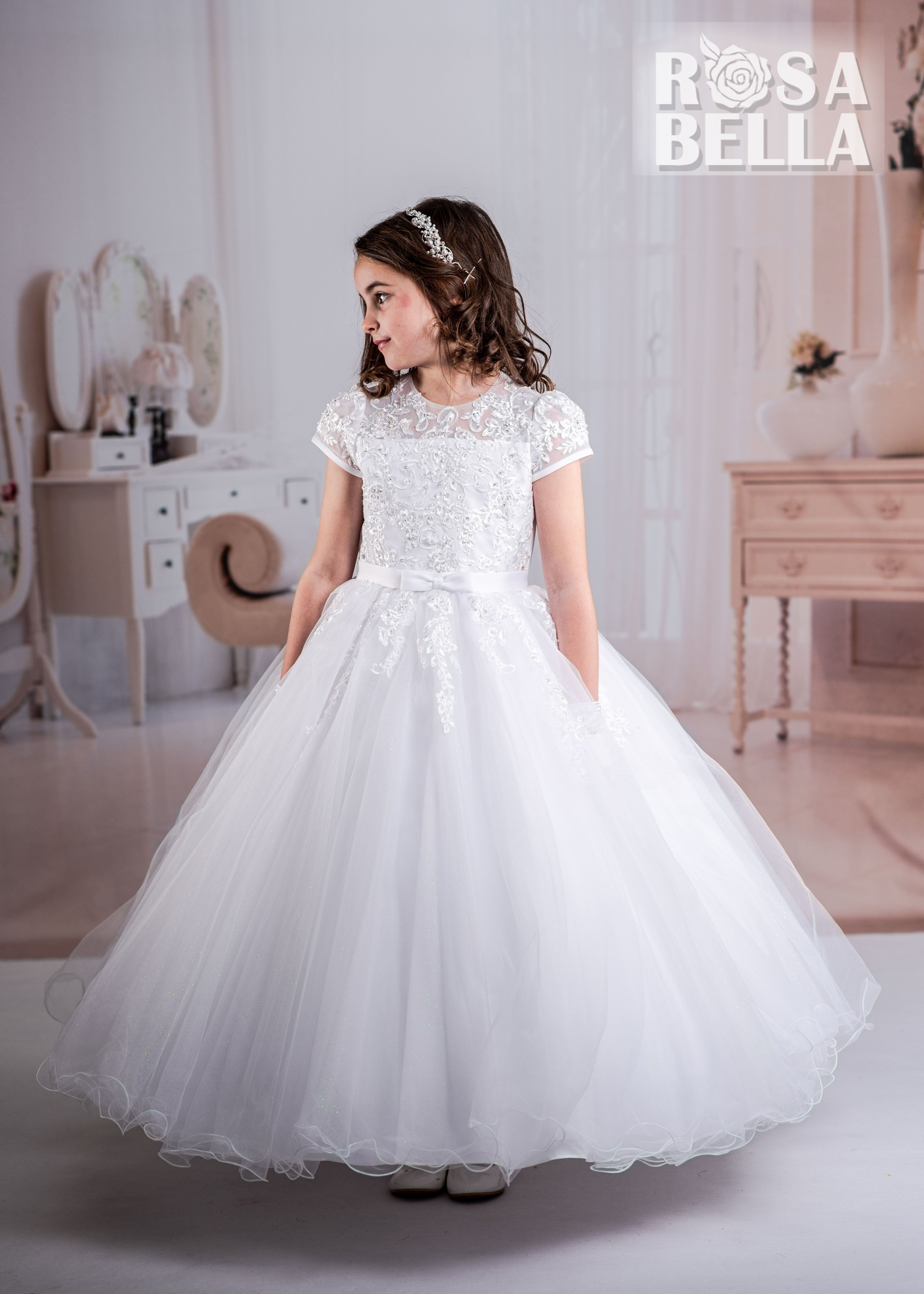 Rosa Bella By Sweetie Pie Girls White Communion Dress:- RB631