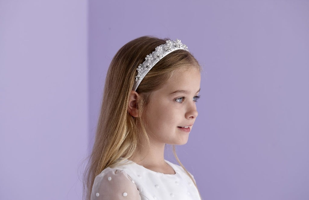 Peridot Girls White Communion Head Band:- Savannah