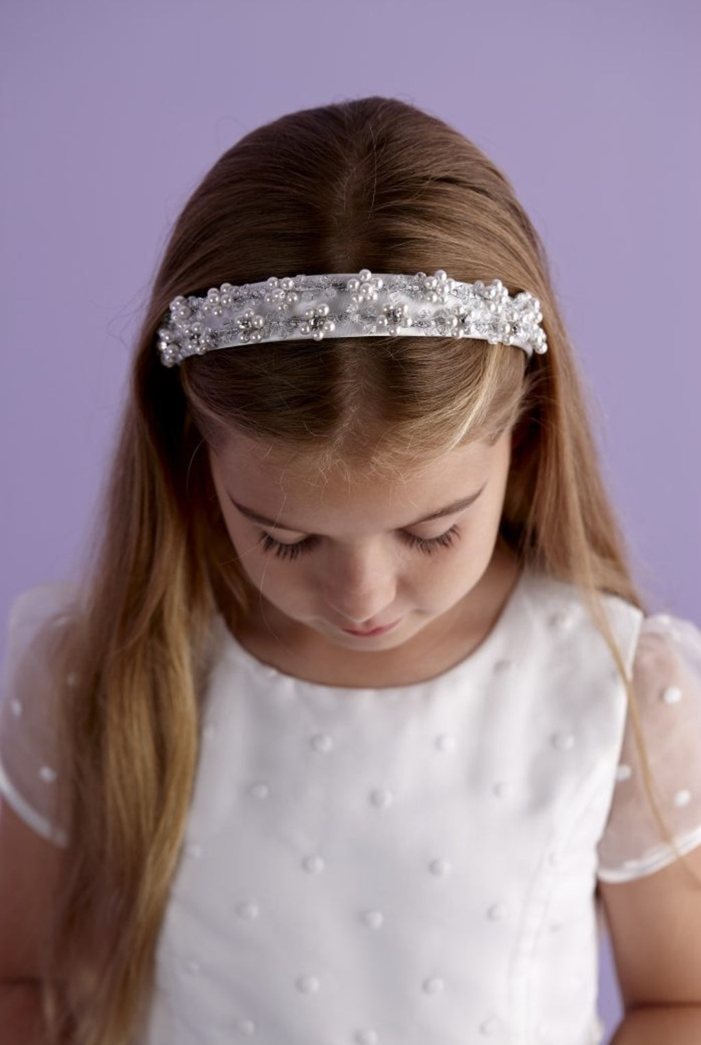 Peridot Girls White Communion Head Band:- Savannah