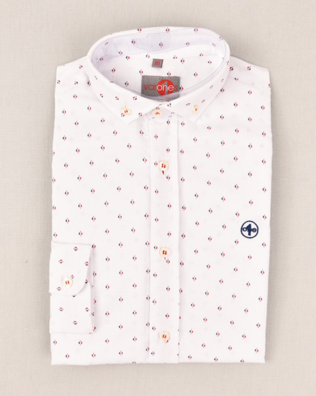 SALE One Varones Boys White Shirt With Navy & Red Print Motif:-10-06113 01