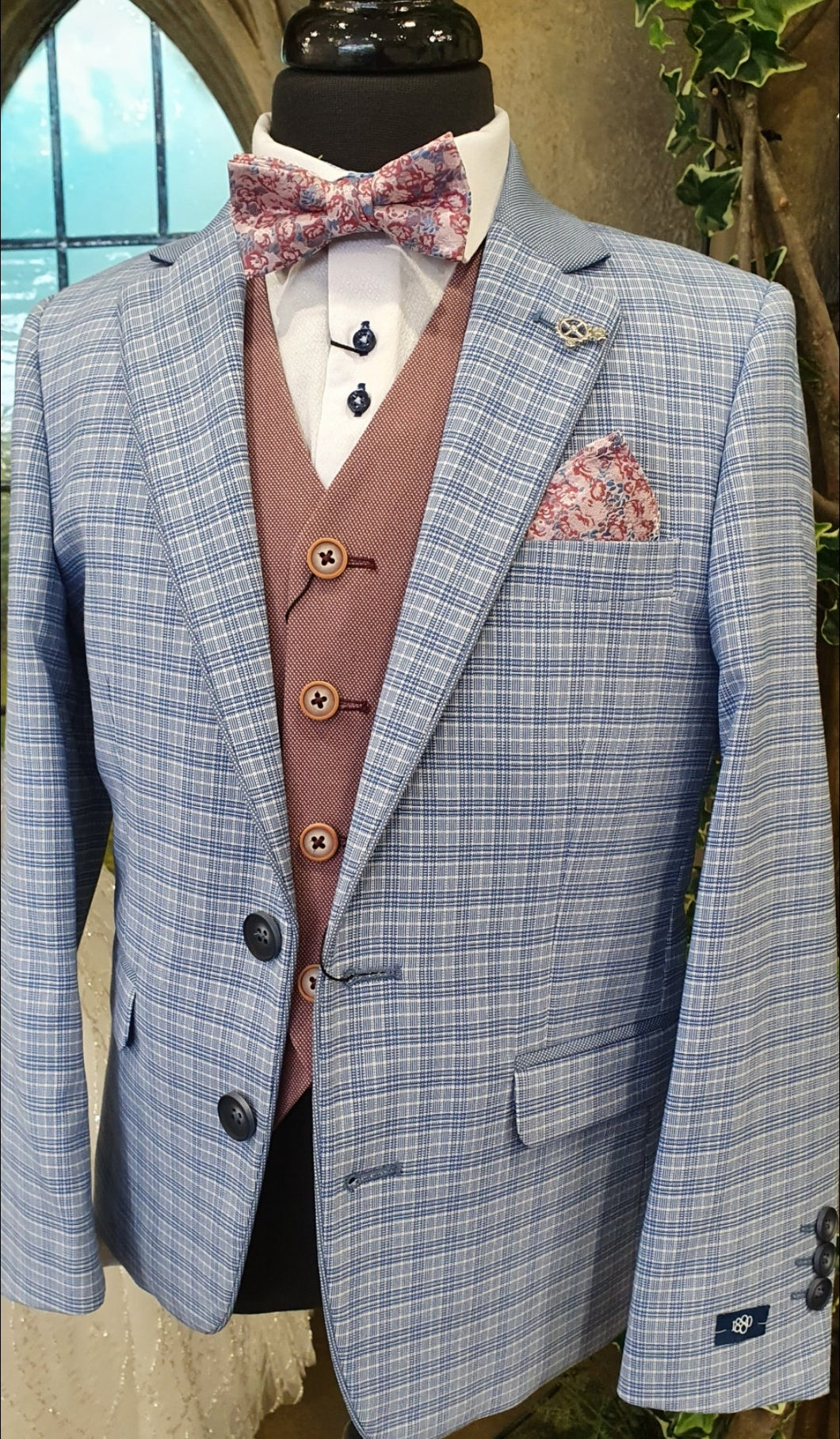 1880 Club Boys Pale Blue Check Blazer With Plain Collar:- 122 15145 23