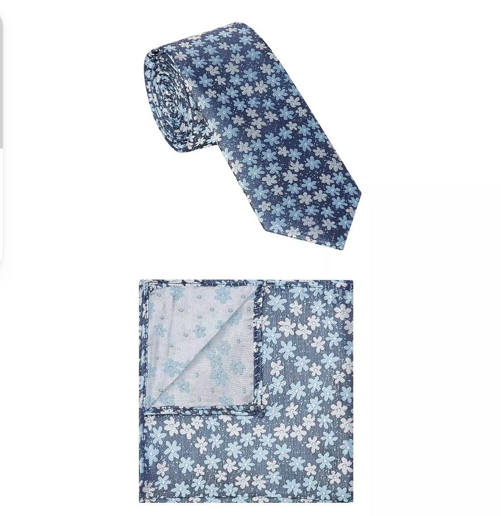 1880 Club Boys Tie & Pocket Square:- Blue Retro Floral