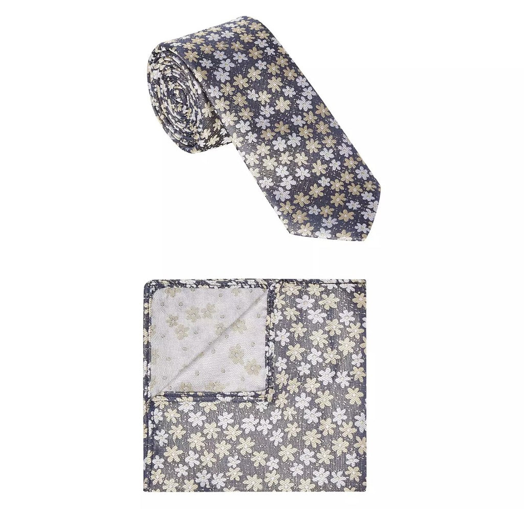 1880 Club Boys Tie & Pocket Square:- Brown & Gold Retro Floral