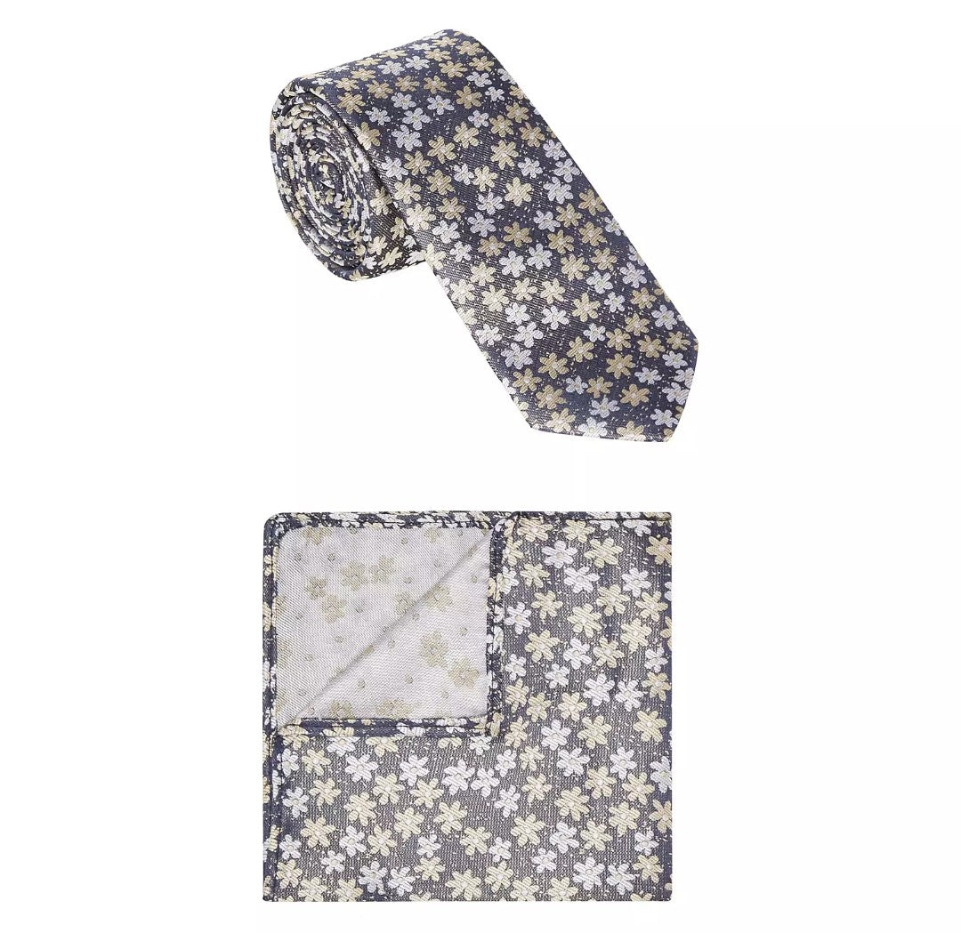 1880 Club Boys Tie & Pocket Square:- Brown & Gold Retro Floral