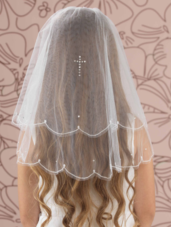 Linzi Jay White Pearl & Diamante Cross Embroidered Veil:- LA150WT2