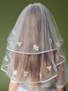 Linzi Jay White Two Tier Embroidered Floral Communion Veil:- LA160WTNC2