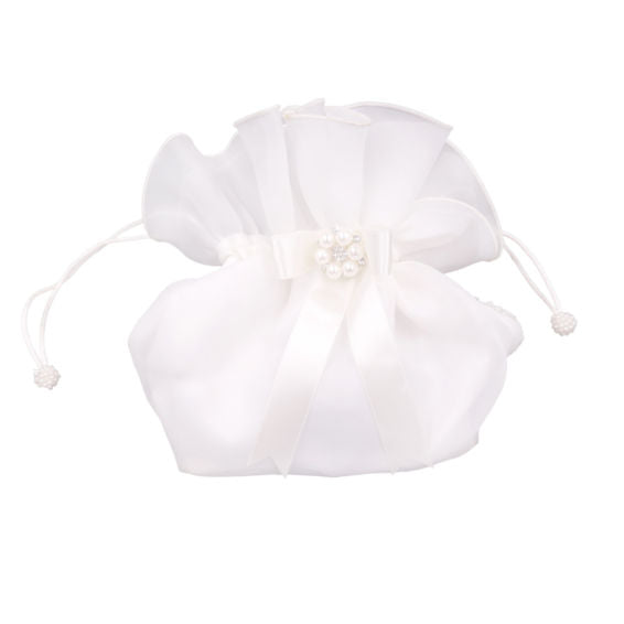 Linzi Jay Girls White Organza Dolly Bag with Ribbon and Pearl:- LD73WT