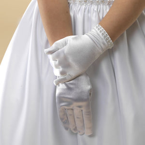 SALE COMMUNION GLOVES Linzi Jay Diamante Trim Satin Gloves:- LG55WT2
