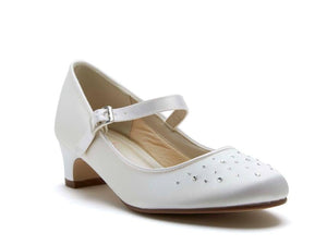 SALE COMMUNION SHOES Rainbow Club 'Verity' Heel- White Satin Shoes With AB Crystals